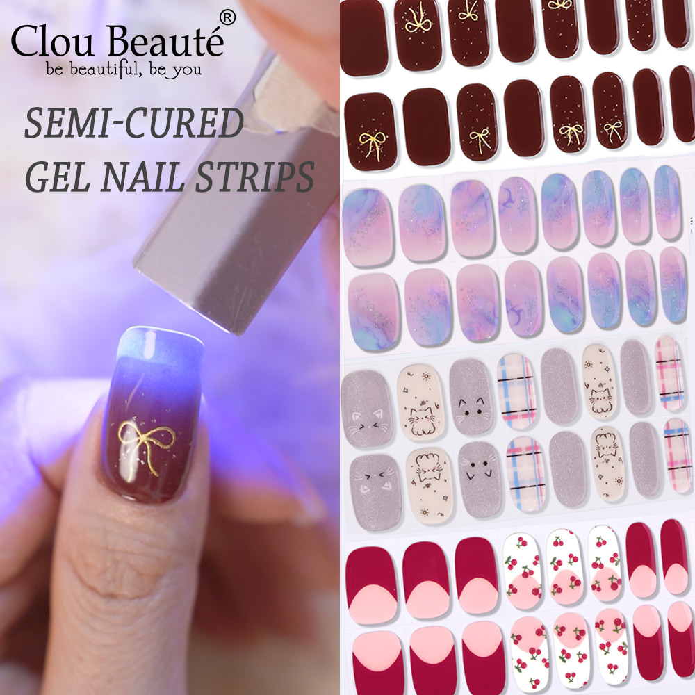 Full Cover Adhesive - セミキュアジェルネイルストリップ 16枚入り 粘着式 マルチパターン DIY つけ爪